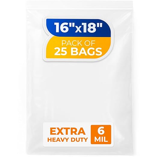 16" x 18" Extra Large Zip Seal Lock Bags, 6 Mil (Pack of 25) – Heavy-Duty Reclosable Plastic Bags – Clear, Resealable, Waterproof – For Storing Clothes, Jewelry, and Travel Items