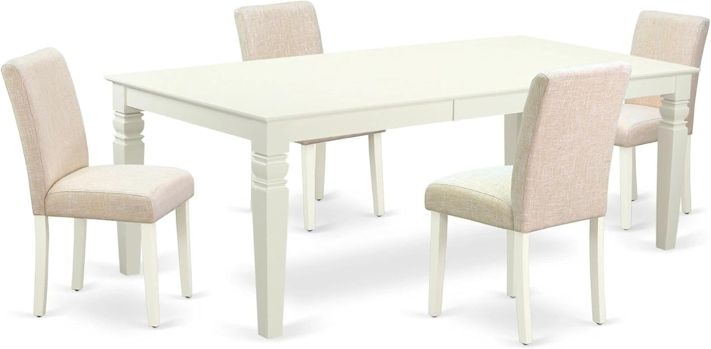 East West Furniture LGAB5-LWH-02 5 Piece Dining Set Includes a Rectangle Dining Room Table with Butterfly Leaf and 4 Light Beige Linen Fabric Upholstered Chairs, 42x84 Inch, Linen White