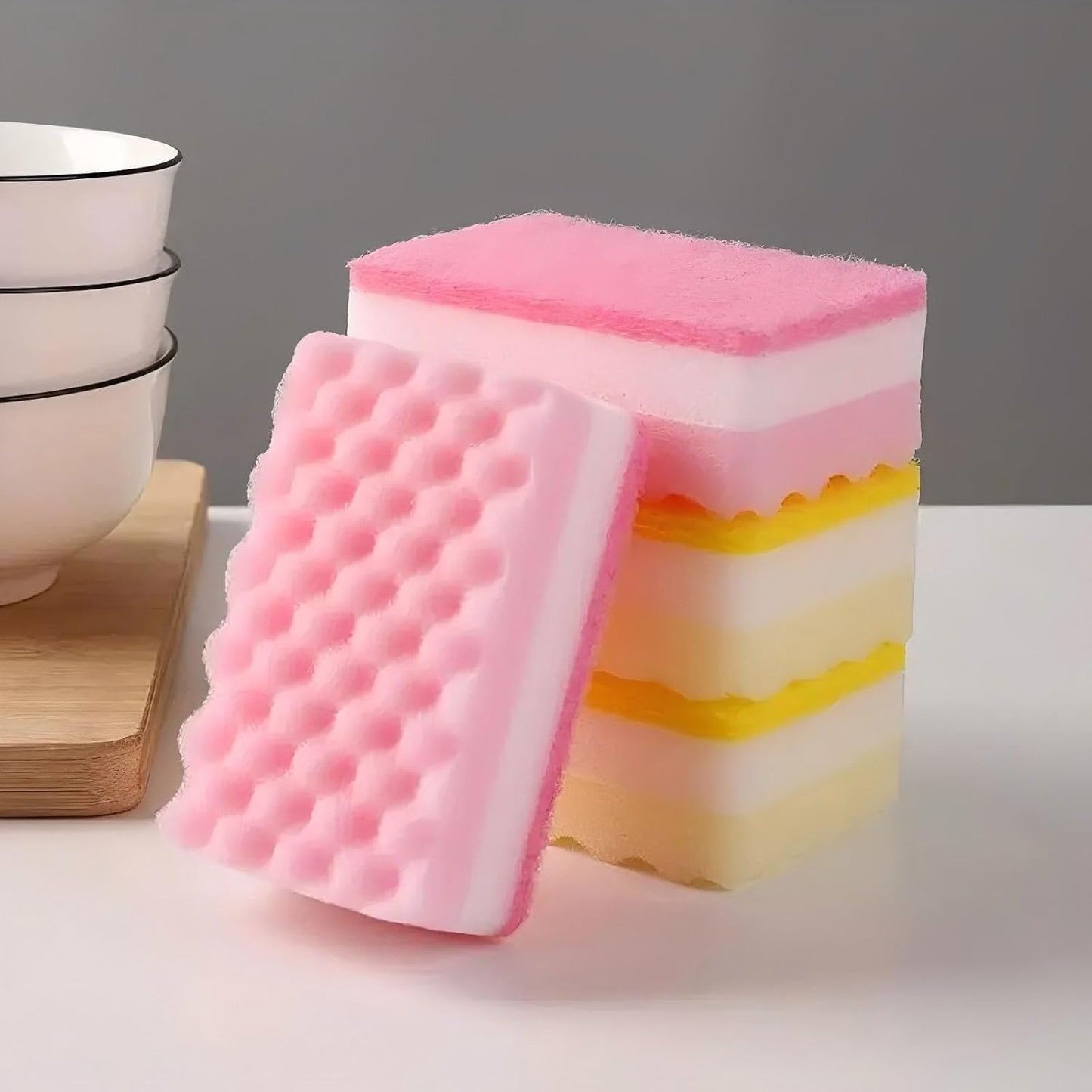 Non-Scratch Cellulose Scrub Sponge,Multipurpose Cleaning Scrubber, Dual-Sided Dishwashing Sponge for Kitchen (Yellow & Pink, Rectangle 4pcs)