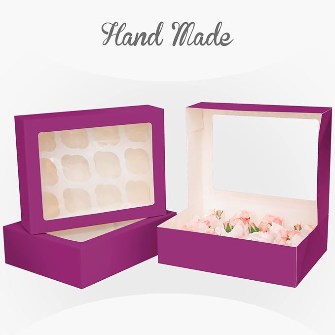 Bakepacker 12 Cupcake Containers 10-Packs Deep Purple Cupcake Box Cupcakes Carrier, 12 Cupcake Boxes with Window 13"x10"x3.5"（Auto-pop up）