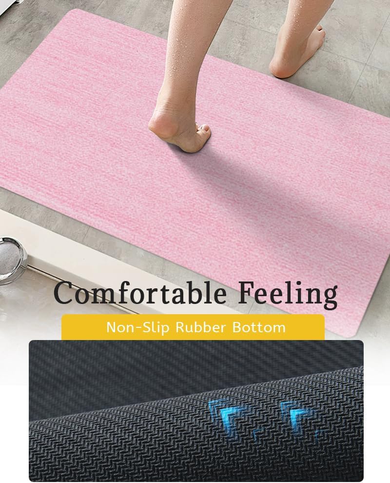 Mecko Bath Mat Rug, Ultra Thin Bathroom Rug -Rubber Non-Slip Quick Dry Absorbent Bath Mat Fit Under Door, Faux Suede Surface Bathroom Floor Mats for Bath, Shower, or Sink (Pink,16"x24")