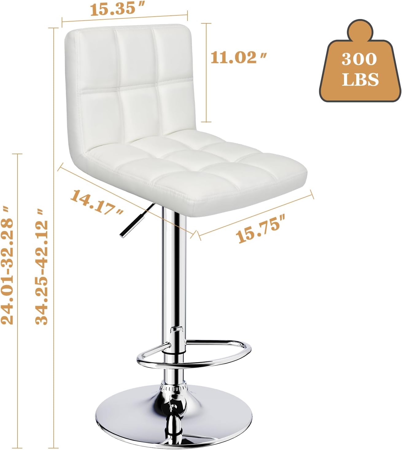 Bar Stools Set of 2,Armless Adjustable Swivel Barstools with Back,6-Squares Double Needle PU Leather Counter Height Bar Stools for Kitchen Island,White