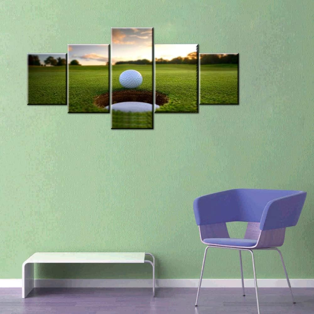 Golfing Wall Pictures for Living Room Golf Ball Hole Paintings Sunset Artwork 5 Piece Green Canvas Wall Art HD Prints Giclee Modern House Decor Wooden Framed Gallery-Wrapped Ready to Hang(50''Wx24''H)