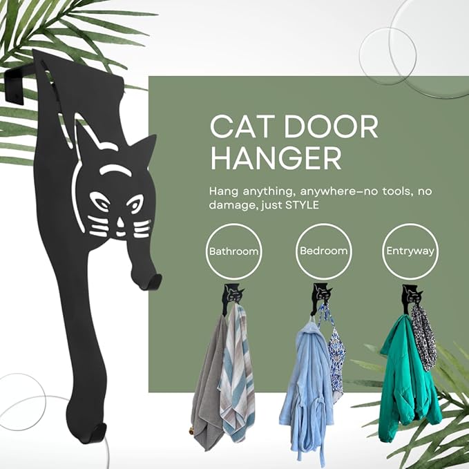 Evelots Cat Over The Door Hooks for Hanging - Black - Over The Door Organizer - Strong Metal Hooks