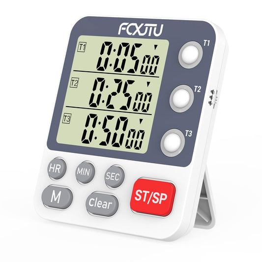 FCXJTU Digital Dual Kitchen Timer, 3-Channel Magnetic Countdown Stopwatch Timer for Cooking, Large Display, Loud Alarm, 100Hr Multi Food Classroom Timer for Seniors & Teachers (Battery Included)