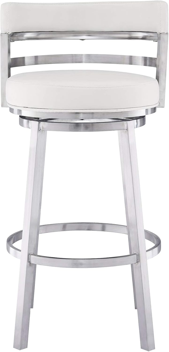 Armen Living Titana 26" Counter Height Swivel White Faux Leather and Brushed Stainless Steel Bar Stool
