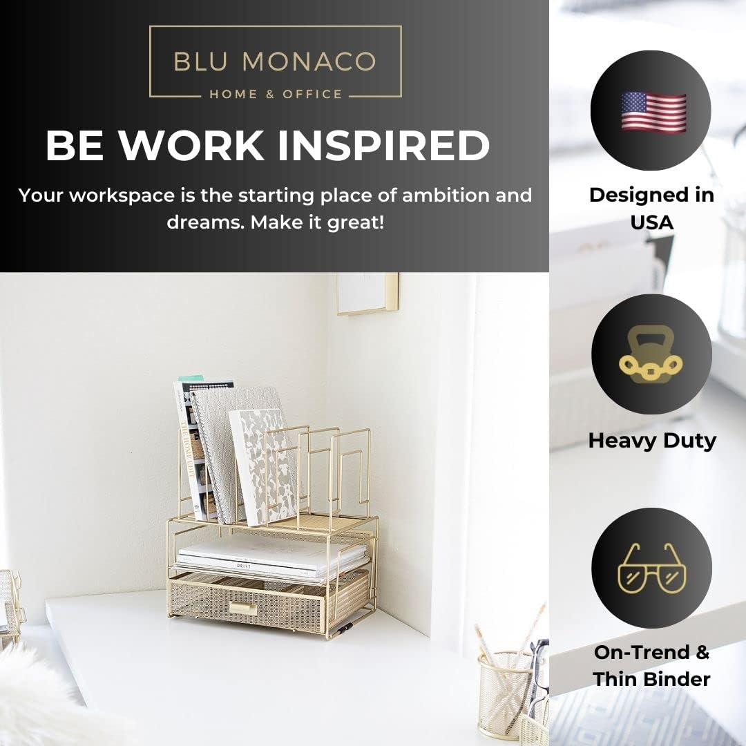 BLU MONACO Gold Desk Organizer – Cute File Holder for Desk & Drawer Storage for Office Supplies, Paper, Devices & Folders