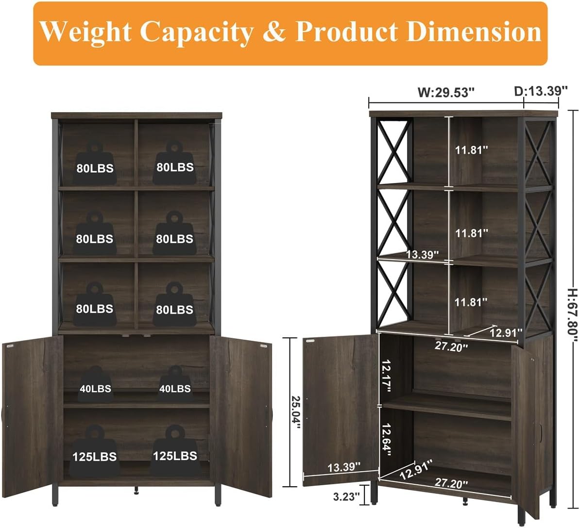 FATORRI Industrial Tall Bookshelf, Rustic Bookcase with Doors, 6 Cube Storage Organizer with Shelf for Living Room, Wood and Metal Book Shelf for Home Office (Walnut Brown)