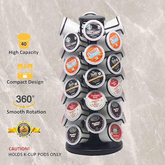 40pods K Cup Holders, K Cup Carousel, Coffee Pods Holder Storage Organizer Stand,Comes All in One Piece,No Assembly Required,1 Count,Black (Holds 40 Pods/Heavy Duty Base, Matte Black)