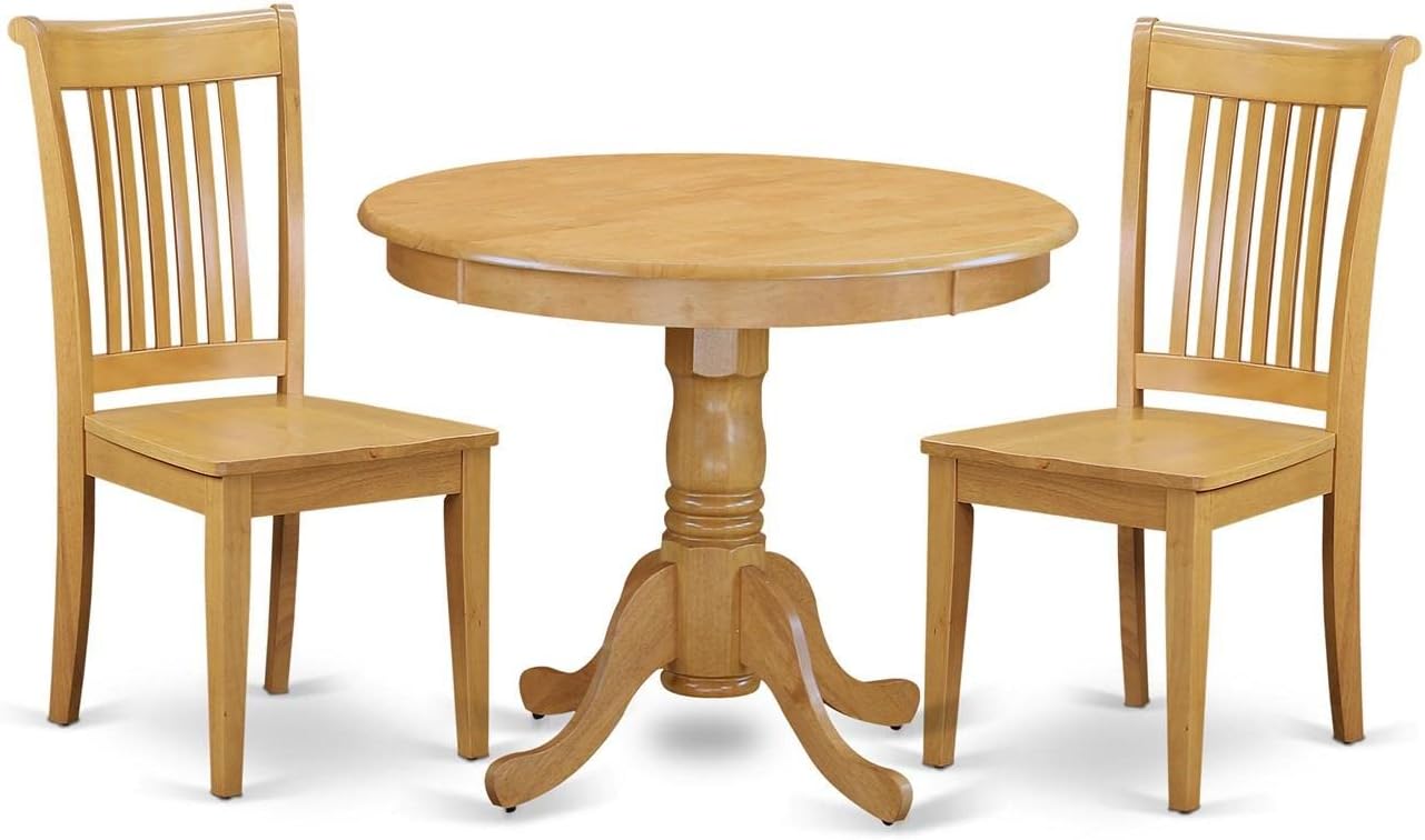 East West Furniture ANPO3-OAK-W 3 Piece Dinette Set for Small Spaces Contains a Round Kitchen Table with Pedestal and 2 Dining Room Chairs, 36x36 Inch, Oak