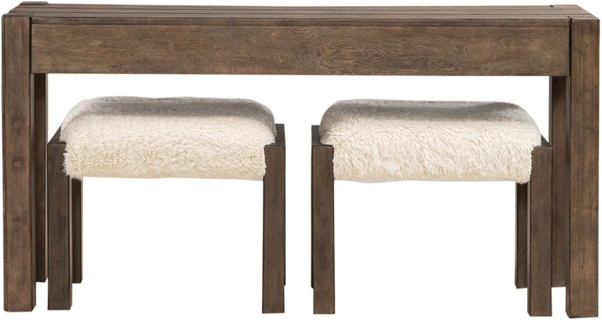 Liberty Furniture Broadmore Living Room Alt 3 Piece Set - Console Bar Table, 2 Upholstered Ottoman Stools - Cobblestone Brown