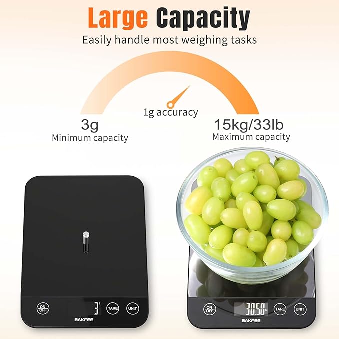 33lb Digital Kitchen Scale, Food Scale Rechargeable with Tempered Glass, Grams and Ounces, USB Charging, 1g High Accuracy for Baking, Cooking, Food BK807