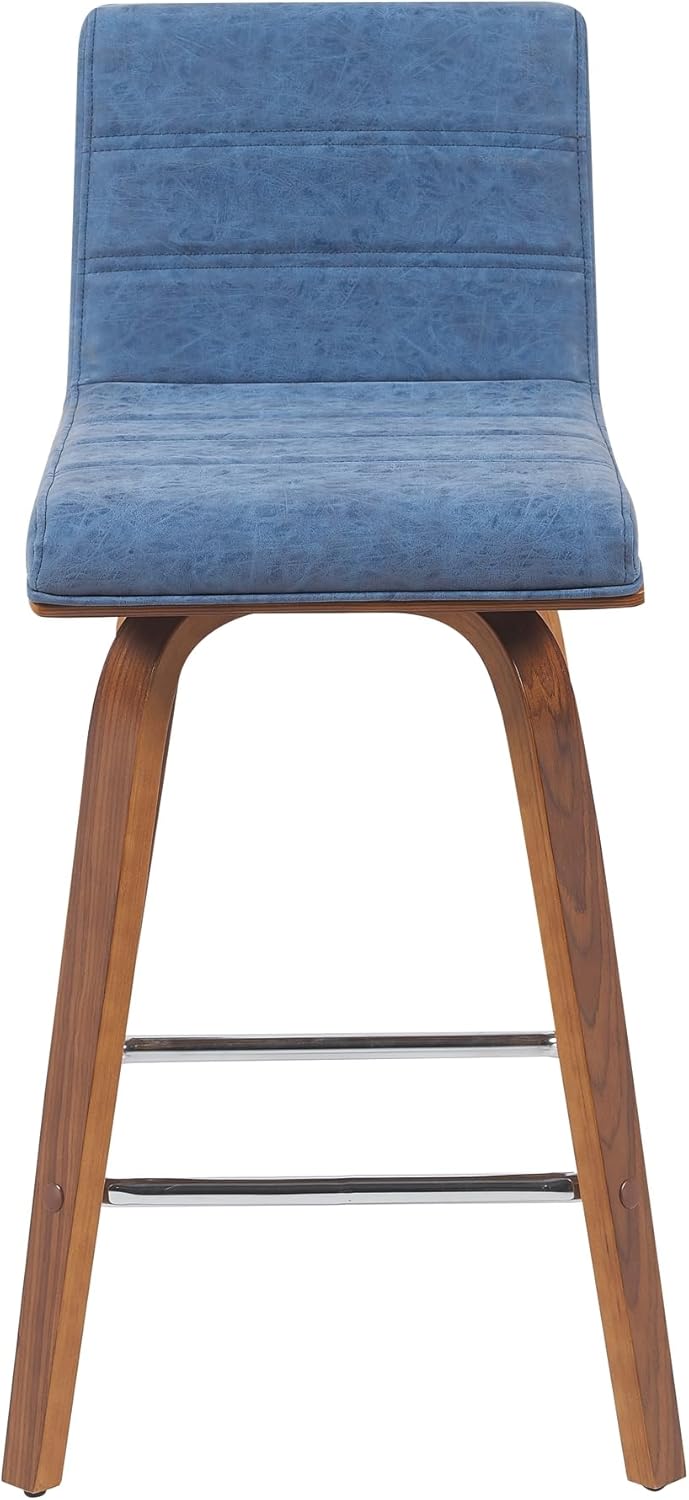 Armen Living Vienna Modern Swivel 26" Counter Height Barstool with Vintage Blue Faux Leather and Walnut Wood Finish