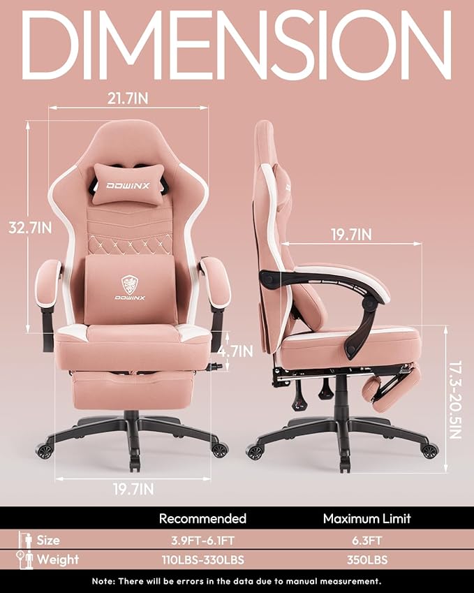 Dowinx Gaming Chair with Footrest, Breathable Fabric Gamer Chair with Gel Pad and Storage Bag, Ergonomic Office Chair with Lumbar Support for Home Task, Pink
