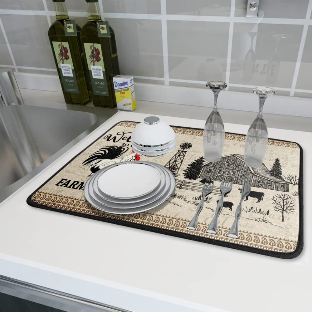 Farmhouse Rooster Dish Drying Mat for Kitchen Counter 18 x 24 Inch Welcome to Our Farmhouse Microfiber Dish Drainer Rack Mat Rooster Absorbent Drying Pad for Home Kitchen Counter Decor