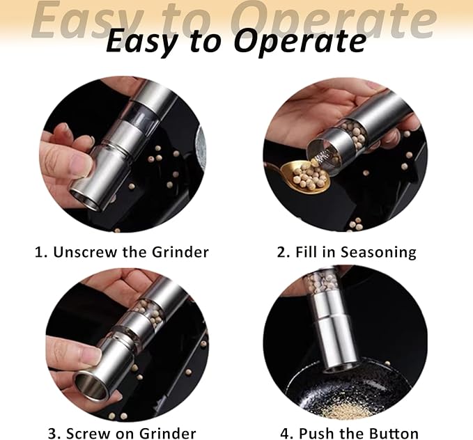 Stainless Steel Salt and Pepper Grinder Set, Manual Refillable Peppercorn Mills with Push Button, Thumb Grinder, Sliver White