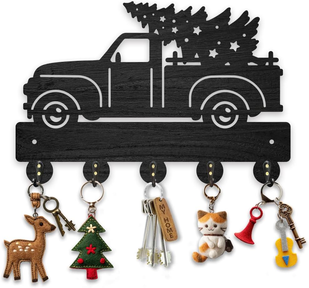 MAYJOYDIY Christmas Truck Tree Coat Racks Wood Tree Star Key Holder Wall Mount 11.8×7.9inch Black Key Hooks Rack 5 Alloy Hooks Christmas Home Decor Gifts Entryway Kitchen Bathroom Storage Organizer