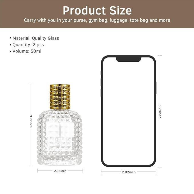 2 Pack 50ml Refillable Spray Perfume Bottles, Empty Clear Perfume Atomizer, Portable Perfume Mist Spray Bottle Travel Perfume Dispenser (50ML, Gold)