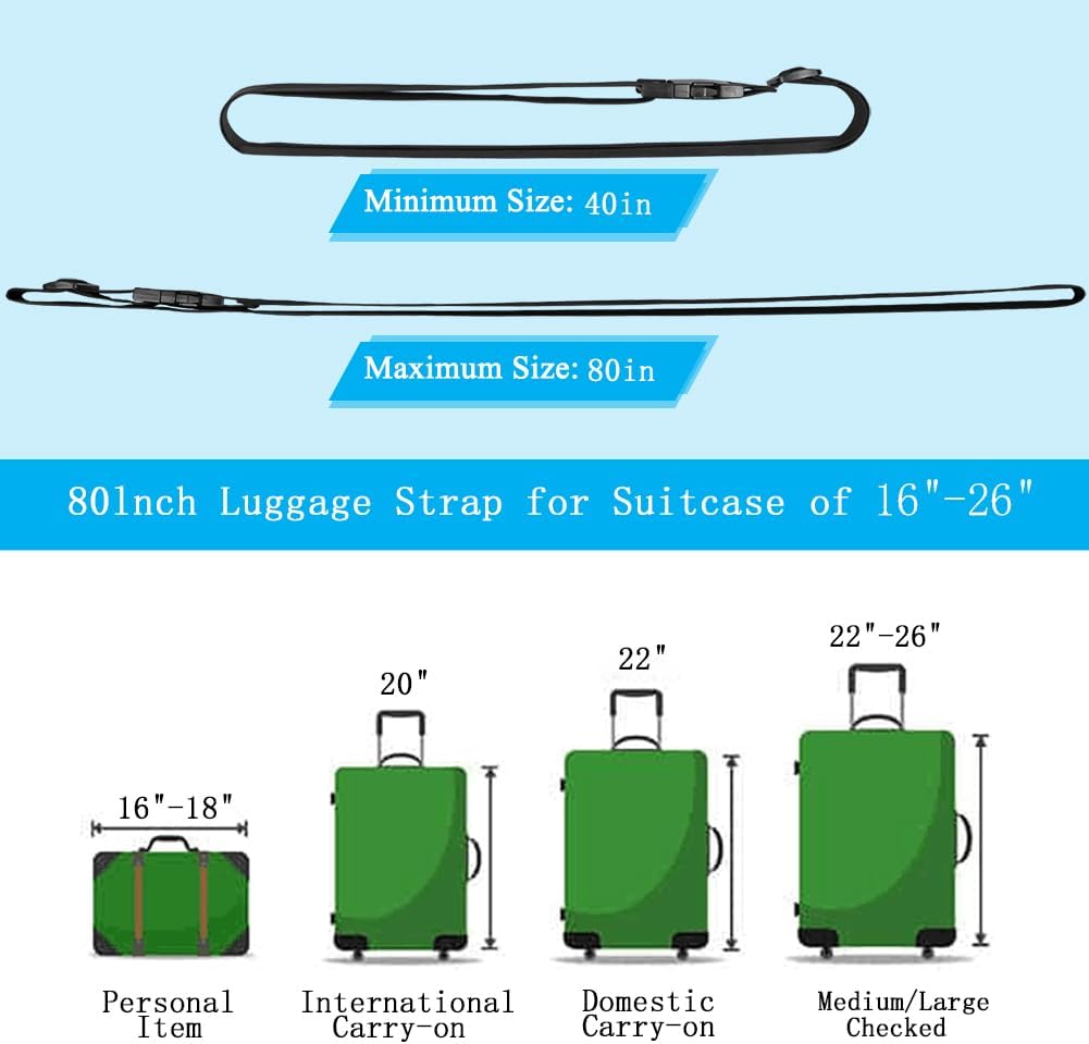 2Pcs Luggage Straps for Suitcase Travel Accessories TSA Approved, 80In Long Belts to Keep Your Suitcase Secure, Adjustable Bag Straps with Quick-Release Buckle for Travel Bag Closure, Green