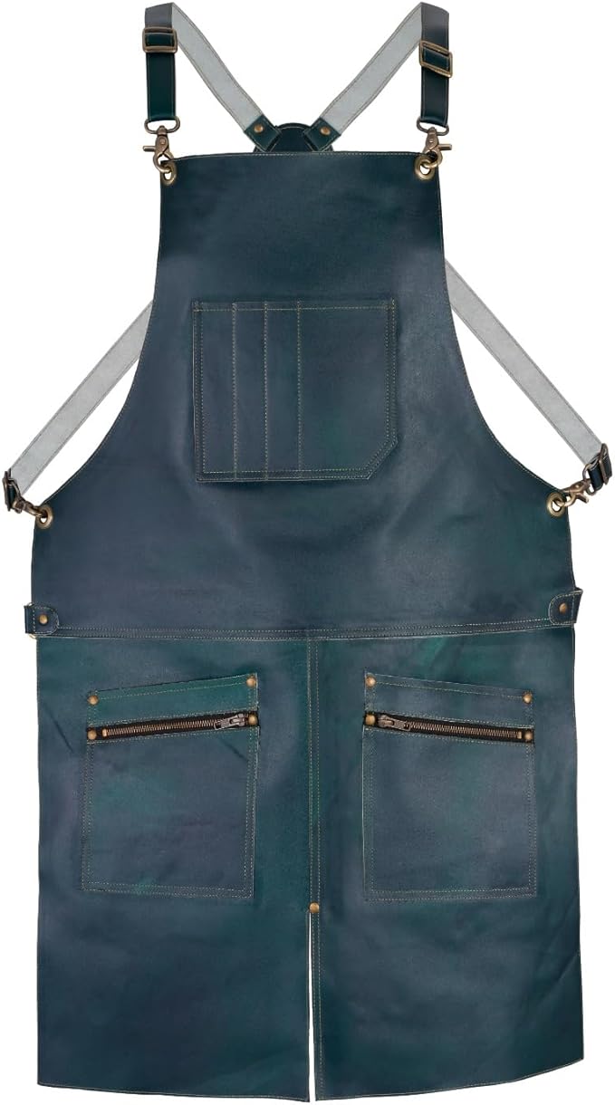 Premium Leather Apron, 2 Zip Pockets, Tool Holder, Split Leg, Unisex, Brown/Black/Green