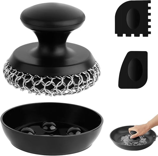 Cast Iron Scrubber Cleaner, Chainmail Scrubber for Cast Iron Pan Skillet, Dish Scouring Pad, 316 Stainless Steel Brush/Scraper for Metal Skillet Scrubbing, Wok, Dutch Oven Cleaning Kit - Thick Mesh