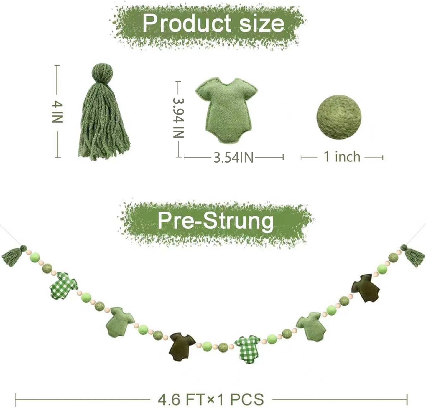 Sage Green Plaid Baby Clothes Decorations Pre-Strung Handmade Felt Baby Clothes Wooden Bead Wool Felt Ball Banner Garland for Neutral Gender Reveal Baby Shower Party Nursery Fireplace Home Decor