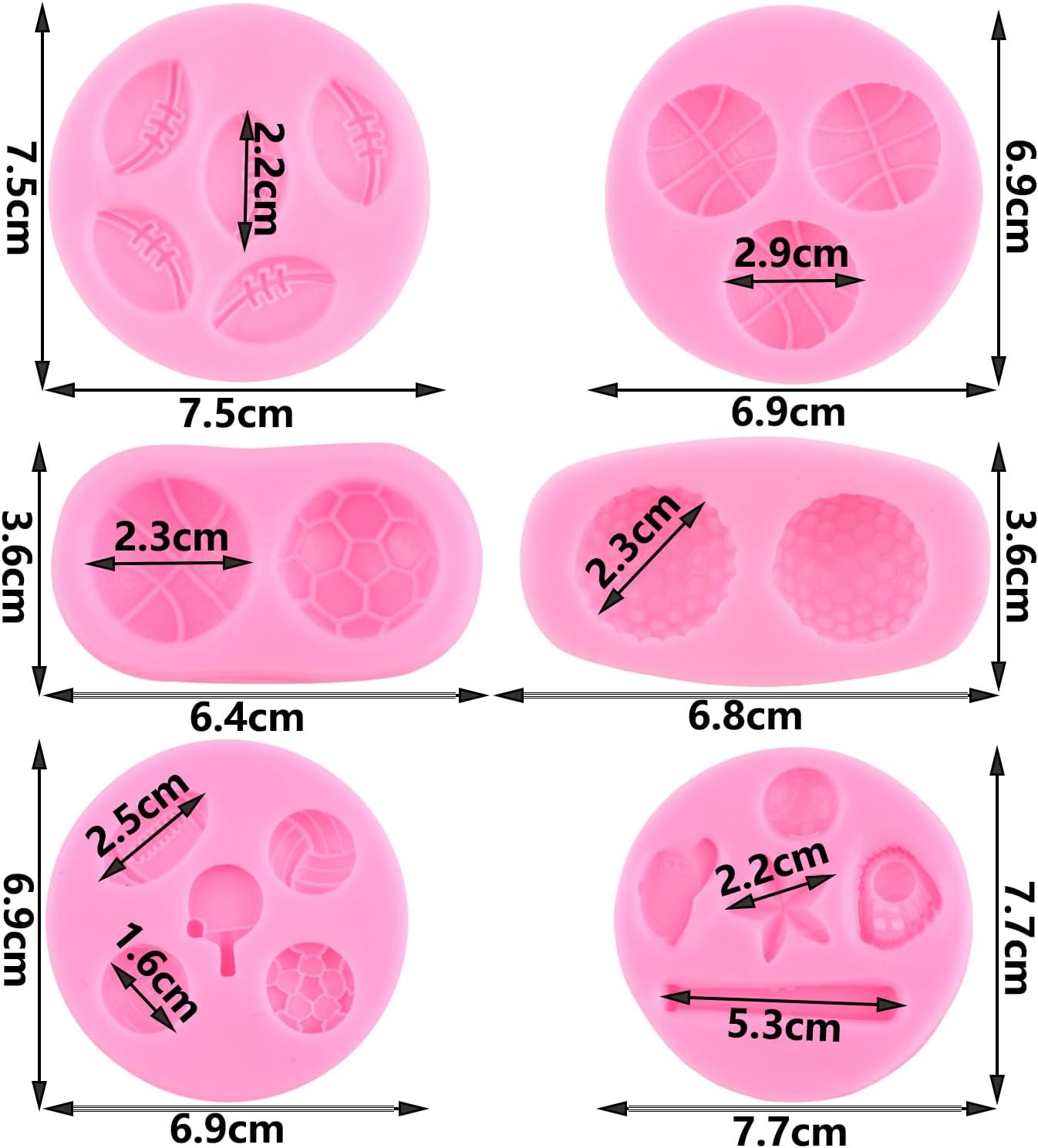 ZiXiang Ball Silicone Molds Baseball Basketball Football Golf Rugby Table Tennis Fondant Mold For Sugar Cake Decorating Cupcake Topper Candy Chocolate Gum Paste Polymer Clay Set Of 6