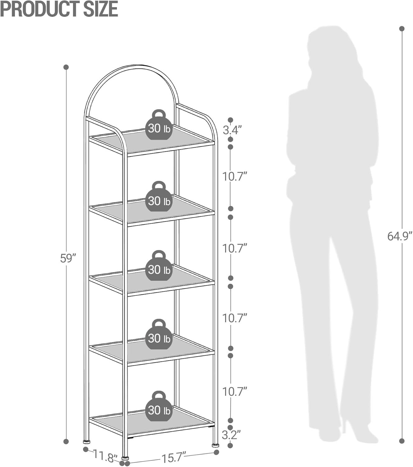 Bookcase Bookshelf, Tempered Glass Bookshelves, Slim Shelving Unit for Bedroom, Bathroom, Home Office, Steel Frame, 5 Tier White BC05099W
