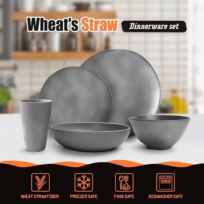 Teivio 40-Piece Flatware Kitchen Plastic Wheat Straw Dinnerware Set,Service for 8,Dinner Plates, Dessert Plate,Cereal Bowls,Pasta Bowls,Cups,Unbreakable Plastic Outdoor Camping Dishes,Irregular Gray