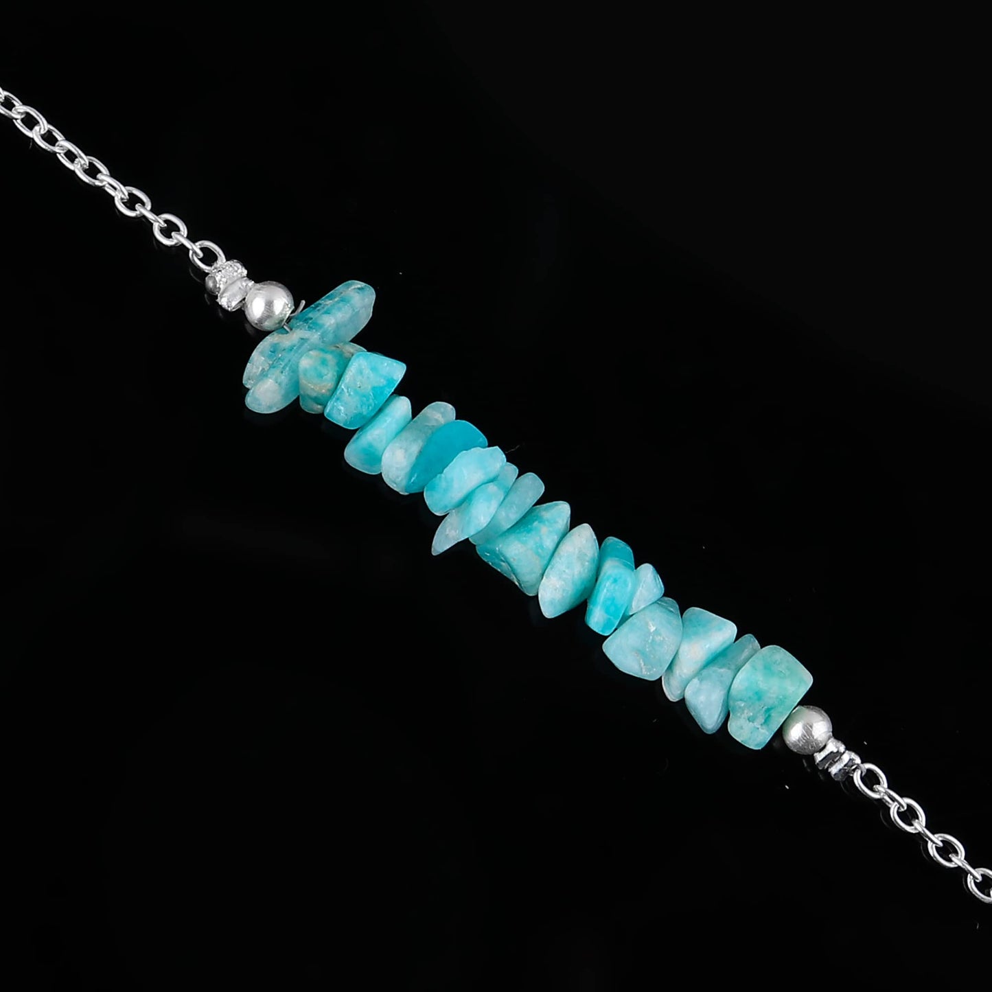Gemimpression Handmade Amazonite Chips Bar Bracelet – Natural Energy Healing Crystals – Silver Plated Adjustable 8 Inch Chain – Christmas Gift
