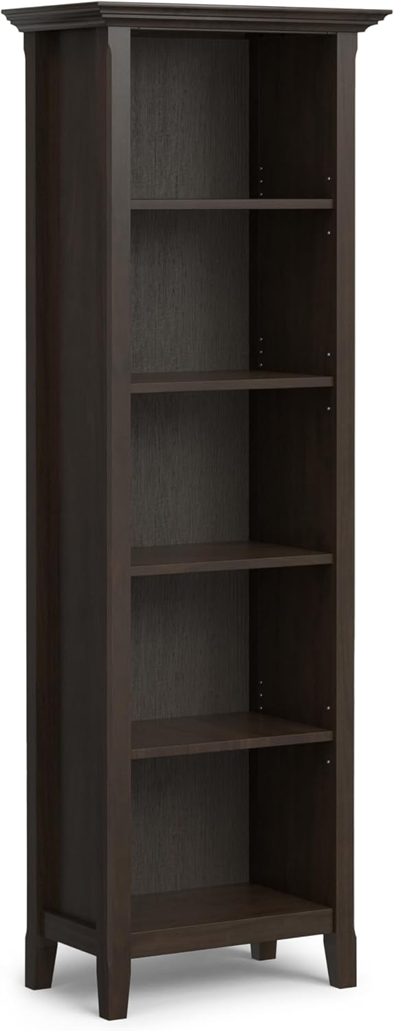 SIMPLIHOME Amherst Bookcase - 70 inch Tall 5-Shelf Solid Wood Bookshelf in Hickory Brown, Transitional Storage for Living Room, Study Room or Office with Adjustable Shelves and Tapered Legs