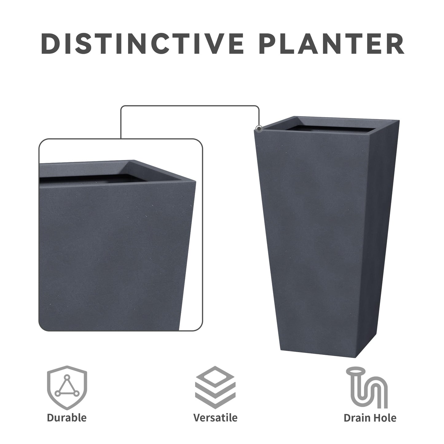 Kante 24.4 Inch Tall Tapered Concrete Planter, Modern Style Large Plant Pot with Drainage Hole and Rubber Plug for Patio, Backyard, Porch, Suitable for Indoor Outdoor Plants, Charcoal