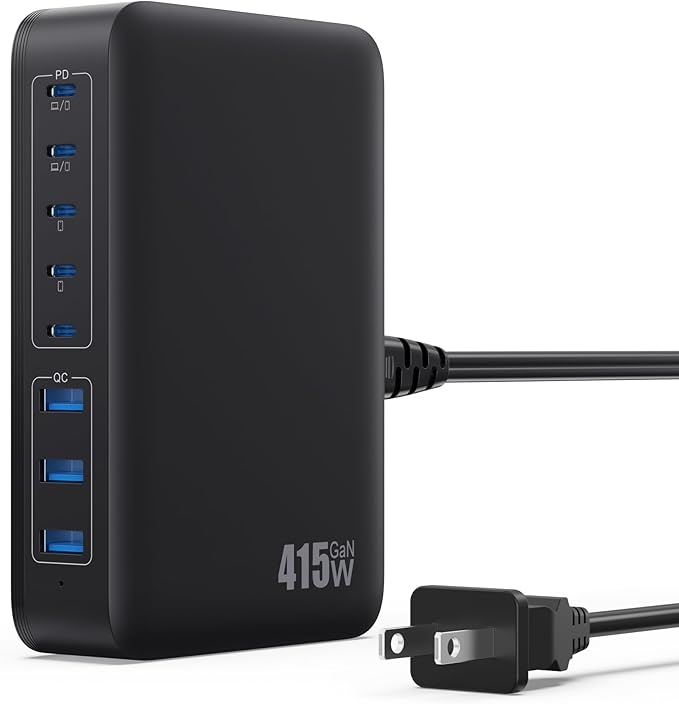 USB C Charger 415W USB C Charger Block, 8-Ports GaN IV Fast Charging Station Hub, Dual PD 100W Laptop Charger Adapter,for MacBook Pro/Air/iPad/iPhone16/15/14/Apple Watch/DELL/Samsung for Home Office
