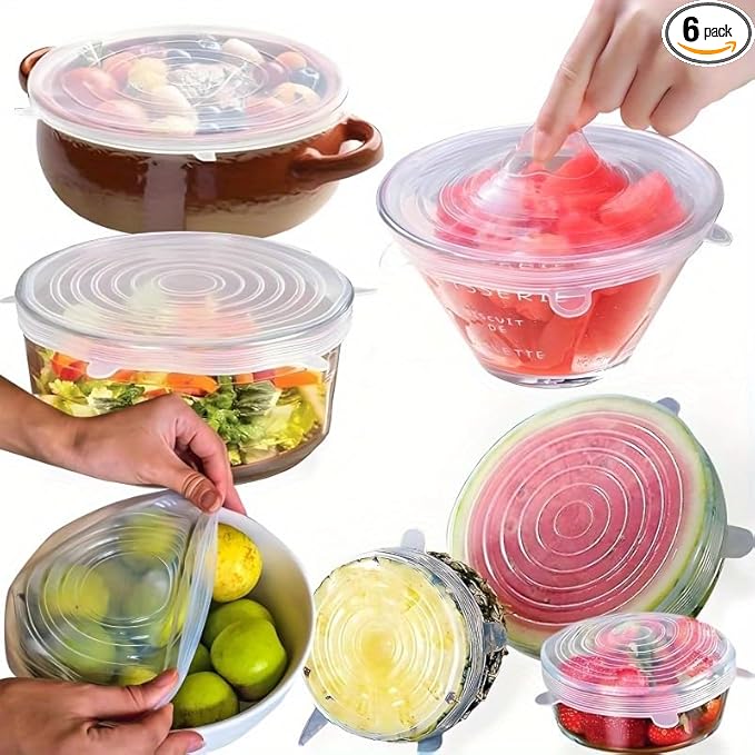 6-Pack Reusable Bowl Covers,Silicone Stretch Lids for Food Storage - Elastic Heat-Resistant Bowl Covers, Cups, Cans, Jars - Universal Lid for Round and Rectangle Containers