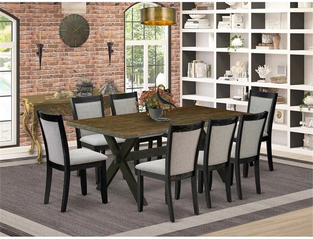 East West Furniture X677MZ606-9 9 Piece Dining Room Furniture Set Includes a Rectangle Dining Table with X-Legs and 8 Shitake Linen Fabric Upholstered Chairs, 40x72 Inch, Multi-Color