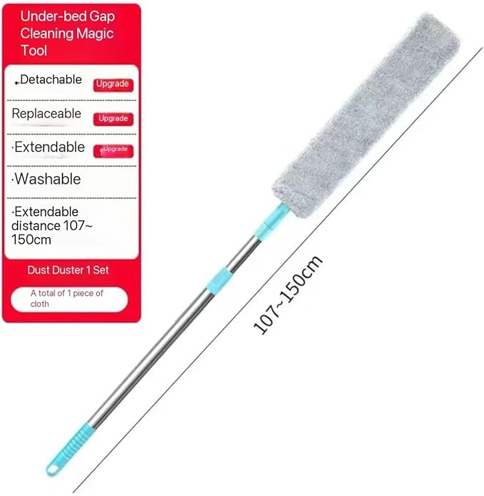 Flat Duster with Extension Pole, Bendable Microfiber Head for Under Appliances & Ceiling Fans - Flexible Long Reach Duster for Hard to Reach Areas, Furniture, Vents & Cobwebs