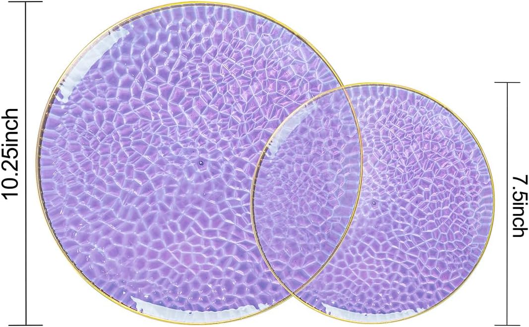 Rubtlamp 60Pcs Clear Purple Gold Plastic Plates, Purple Disposable Plates With Gold Rim, Hammered Plastic Plates Include 30 Clear Dessert Plates, 30 Dinner Plates for Party