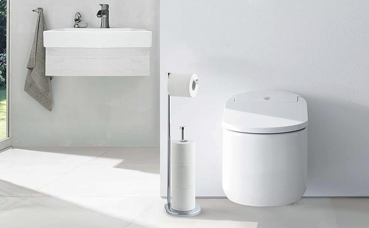 SunnyPoint Free Standing Bathroom Toilet Paper Holder Stand with Reserve, Reserve Area has Enough Space for Jumbo Roll (Chrome)