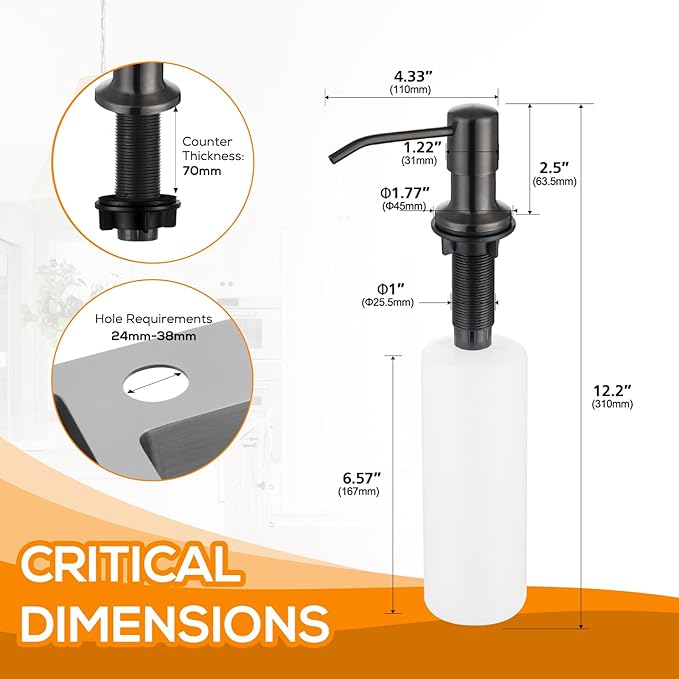 Soap Dispenser for Kitchen Sink, Lotion Dispenser for Kitchen Sink Stainless Steel Pump Head, with 17 Ounce Soap Bottle Refill from The Top,Soap Pump for Kitchen Sink Gun Metal