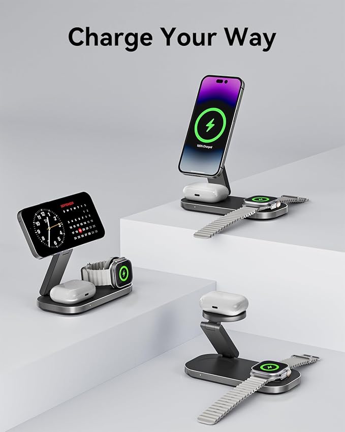 3 in 1 Wireless Charging Station for Apple Devices, Magnetic Foldable Fast Charger Stand Compatible with MagSafe for iPhone Air/17/16/15/14/13/12 Series, Apple Watch & AirPods Pro/4/3/2