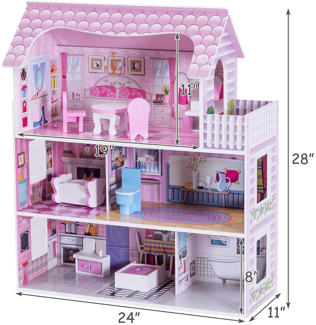 Honey Joy 3-Level Wooden Dollhouse with 8 Pcs Furniture, Pretend Play Kids Doll's House, Princess Mini Toy Playset, Gift for Little Girls (Pink, 2.5FT)
