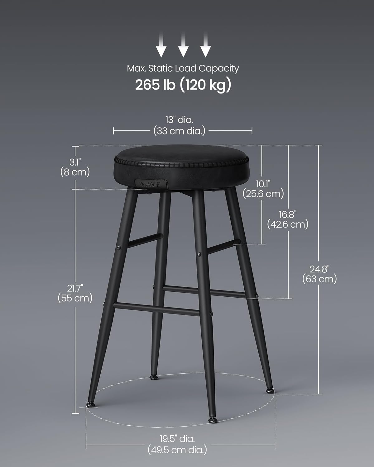 VASAGLE EKHO Collection - Bar Stools Set of 2, Counter Height Bar Stools, Kitchen Counter Stools, Mid-Century Modern Backless Counter Stools, 24.8-Inch Tall, Kitchen Island Home Bar, Ink Black
