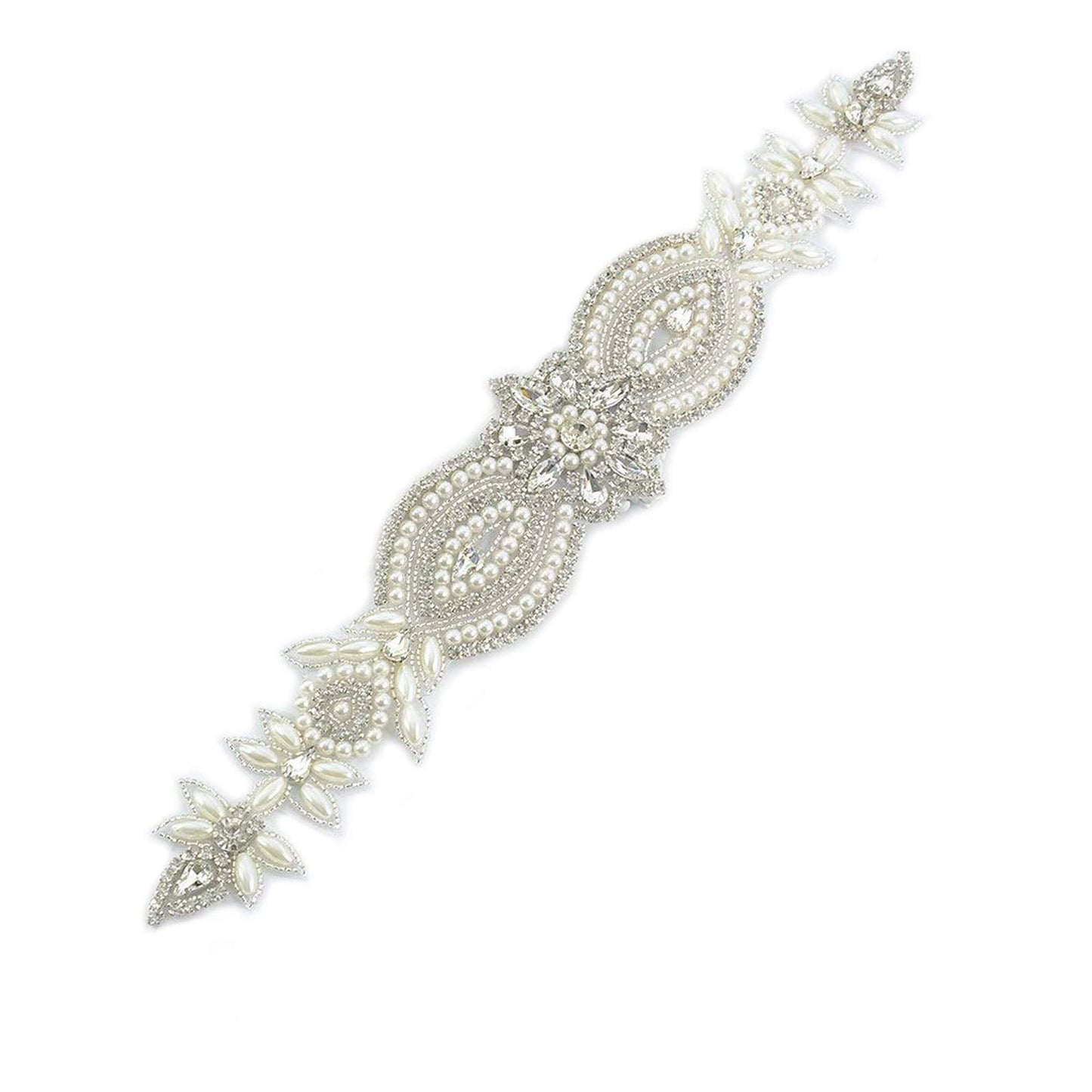 ShiDianYi Wedding Belt Applique Bridal Belt Rhinestone Applique Silver Wedding Dress Sash Belt Applique Crystal Rhinestone Off White Pearls…