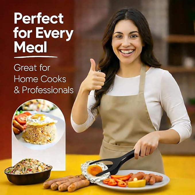 Egg Flipper Spatula Tongs (Set of 2) – Non-Stick 2-in-1 Grip & Flip Kitchen Tongs for Pancakes, Fish, Eggs, and More – Heat Resistant Cooking Tool (Black)