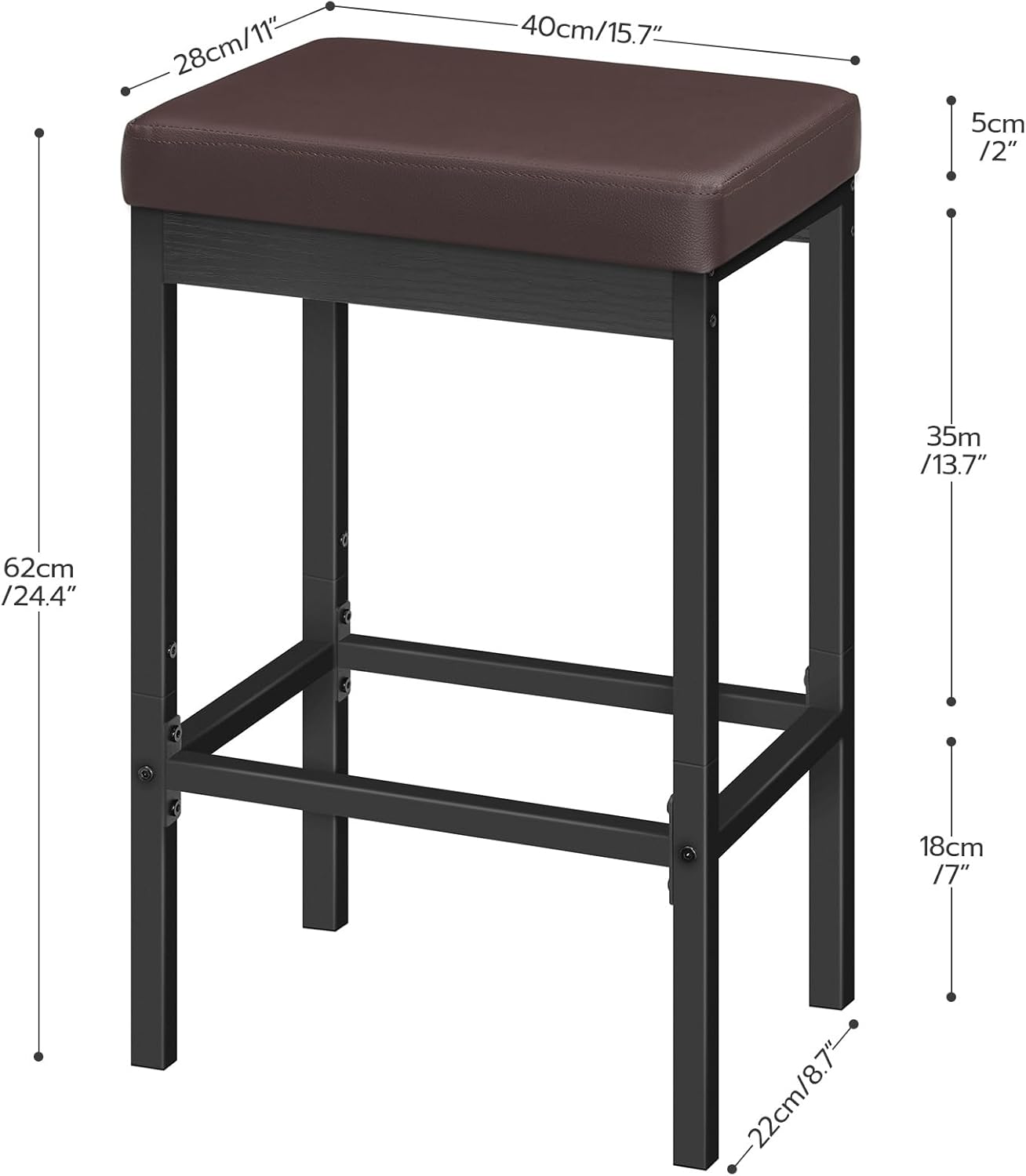 HOOBRO Bar Stools, Set of 2 Barstools, 24.8-Inch Height Stools, Breakfast Barstools, Kitchen Bar Chairs, 2" Thick Upholstery, for Kitchen, Dining Room, Cafe, Bar Counter, Brown and Black BC21BY01