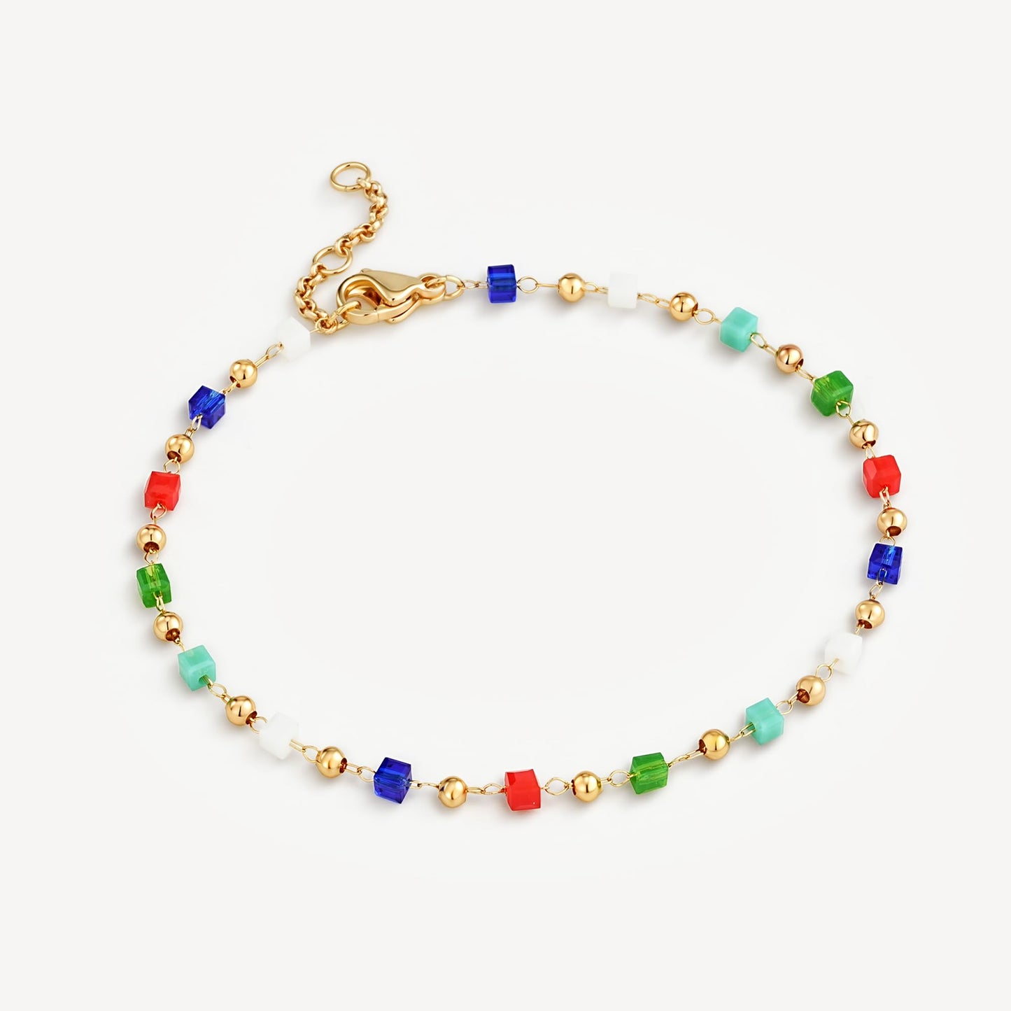 MEVECCO Gold Bracelet for Women 18K Gold Plated Colorful Square Crystal Stone Custom Handmade Mixed Beaded Charm Chain Bracelet Stack Jewelry Gifts