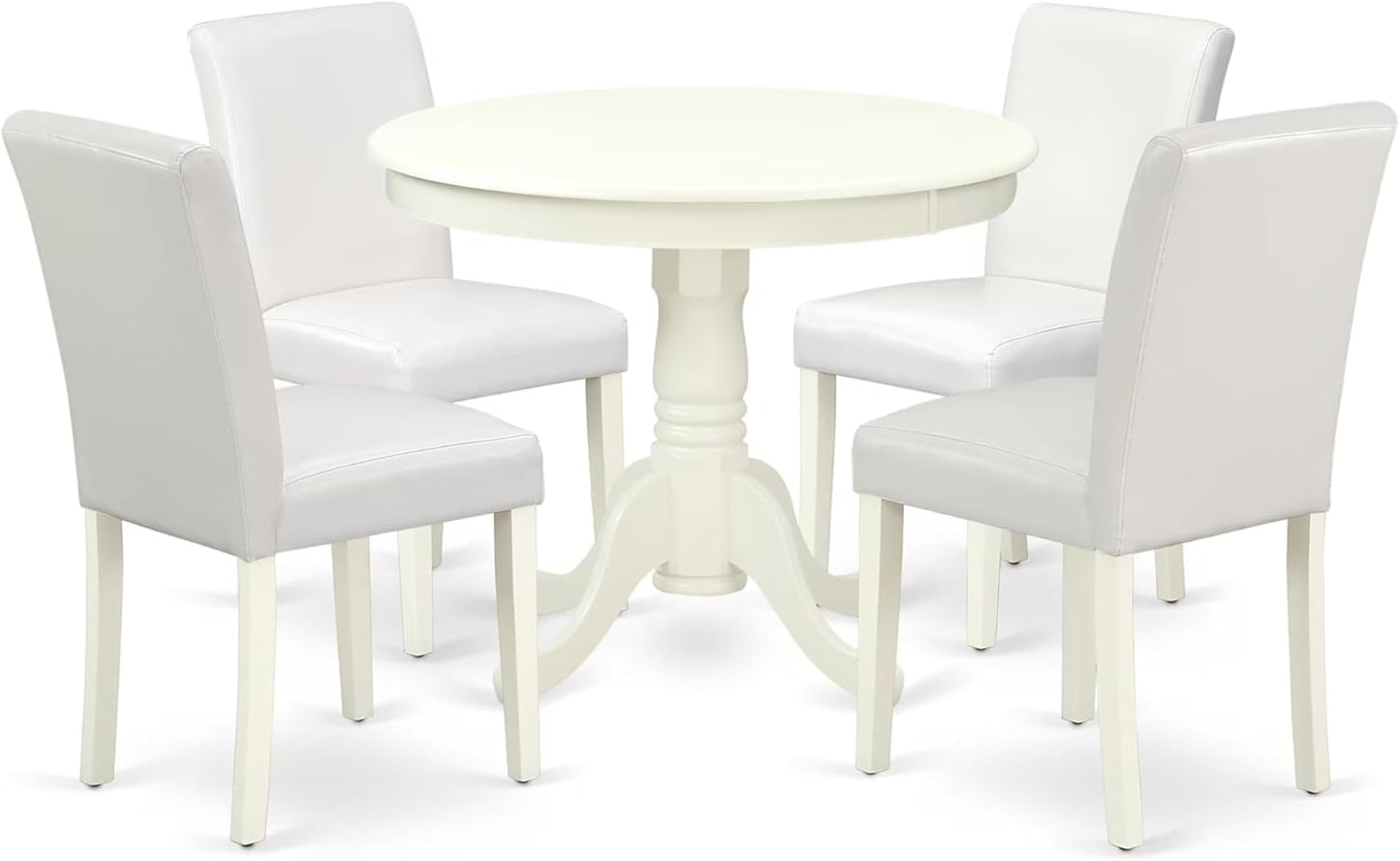 East West Furniture ANAB5-LWH-64 5 Piece Dining Room Table Set Includes a Round Kitchen Table with Pedestal and 4 White Faux Leather Upholstered Parson Chairs, 36x36 Inch, Linen White