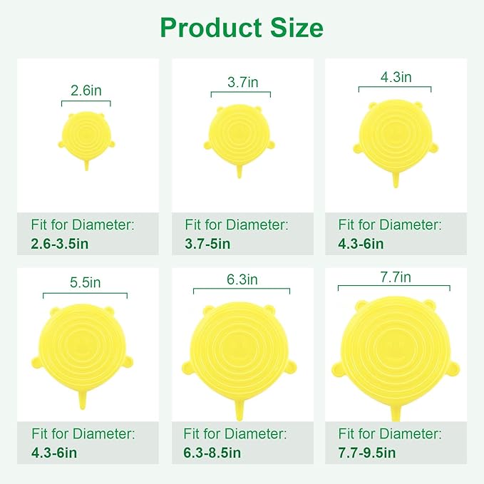 Silicone Stretch Lids – 6 Pack Reusable Food Covers,Flexible Silicone for Bowls, Containers, Fruits – Airtight & Leakproof Seal for Kitchen Storage(yellow)