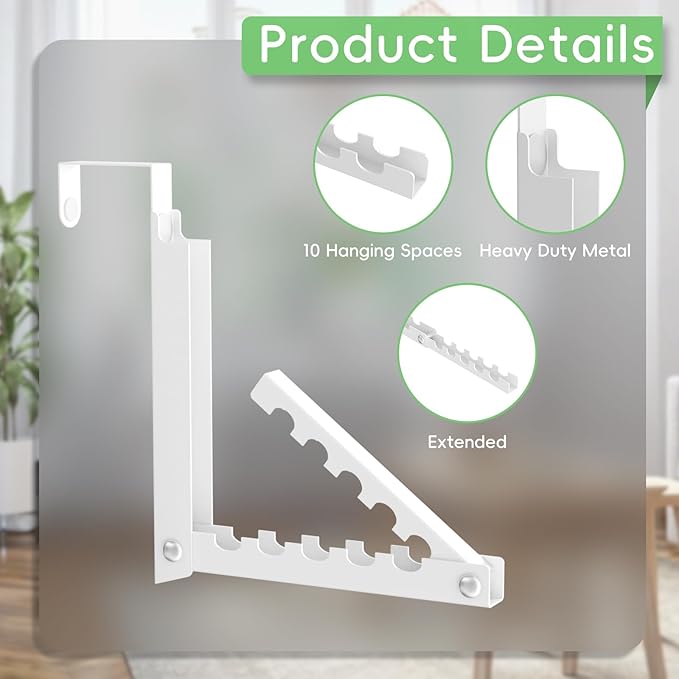 Over The Door Hooks, Extended Over The Door Clothes Hanger with 10 Ridges,Space-Saving Over The Door Rack,Door Hooks for Hanging Clothes,Larger Capacity Over The Door Hanger (1, White)