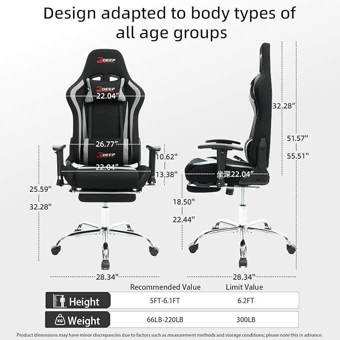 Fabric Gaming Chair, Skin-Friendly and Breathable, Manufactured by A Reputable Manufacturer, Safe and Stable, Specially Designed for Gaming.with Footrest Mg(1005-Gray)